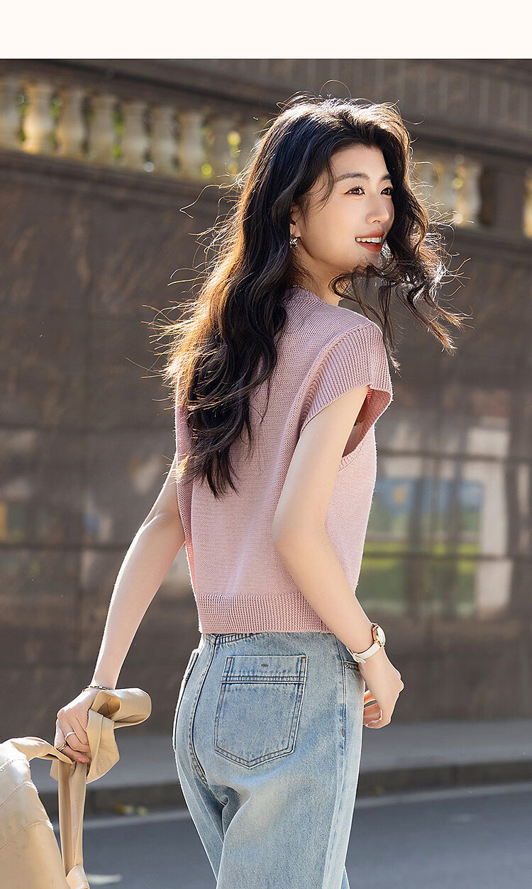 Dme [Selected Bamboo Fiber] Summer Elegant Round Neck Sleeveless Sweater, Short Elastic Slim-Fit Knitted Top for Wome 10
