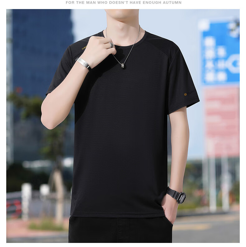 ROMON Men's Short Sleeve T-Shirt Summer Trendy Ice Silk Feel Versatile Business Casual Breathable Base Shirt LY7 Black 4XL 12