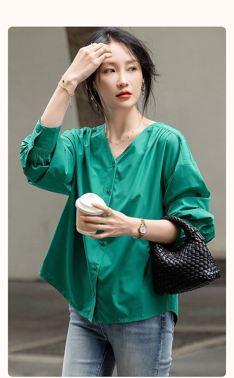 Dme [Dopamine Color Palette] Spring And Autumn French Relaxed V-Neck Shirt, Elastic Comfortable Slimming Blouse, Women's Top 2