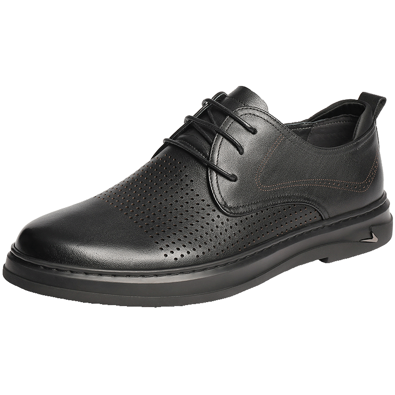 Belle Men's Shoes, Spring And Summer Cowhide Leather Breathable Business Casual Leather Shoes 7GM01, Black-Punched, Size 40