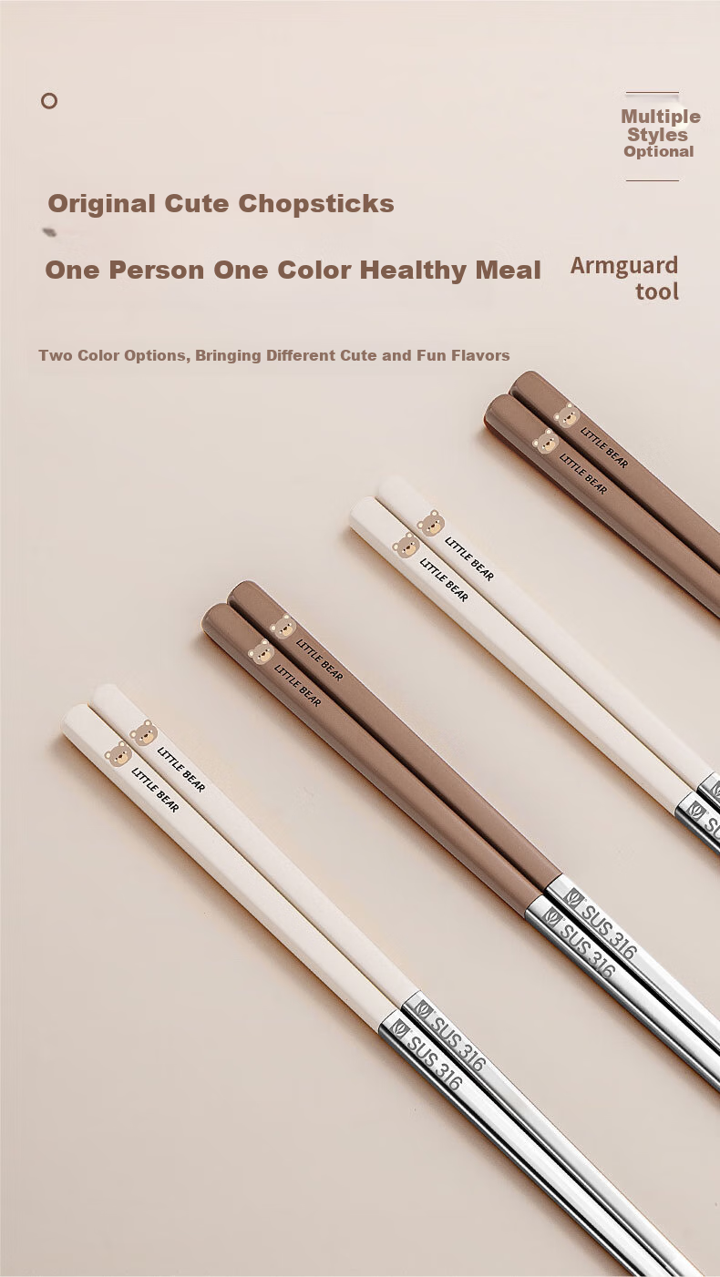 GuofengG 316 Stainless Steel Chopsticks, Non-Slip Heat-Resistant Anti-Mold Household Public Chopsticks Cartoon Tableware Bear Chopsticks 5 Pairs Set 5
