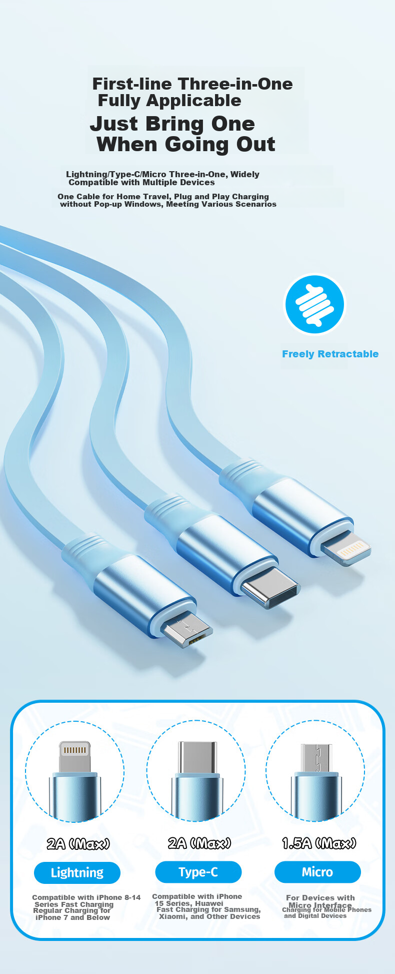 ROCK Doraemon Data Cable, Three-In Charging Cord, One-To Retractable Fast Charging, 3.5A Car Charger for IPhone, Apple 18 Pro Max/17/16, Huawei, Android Phones 3