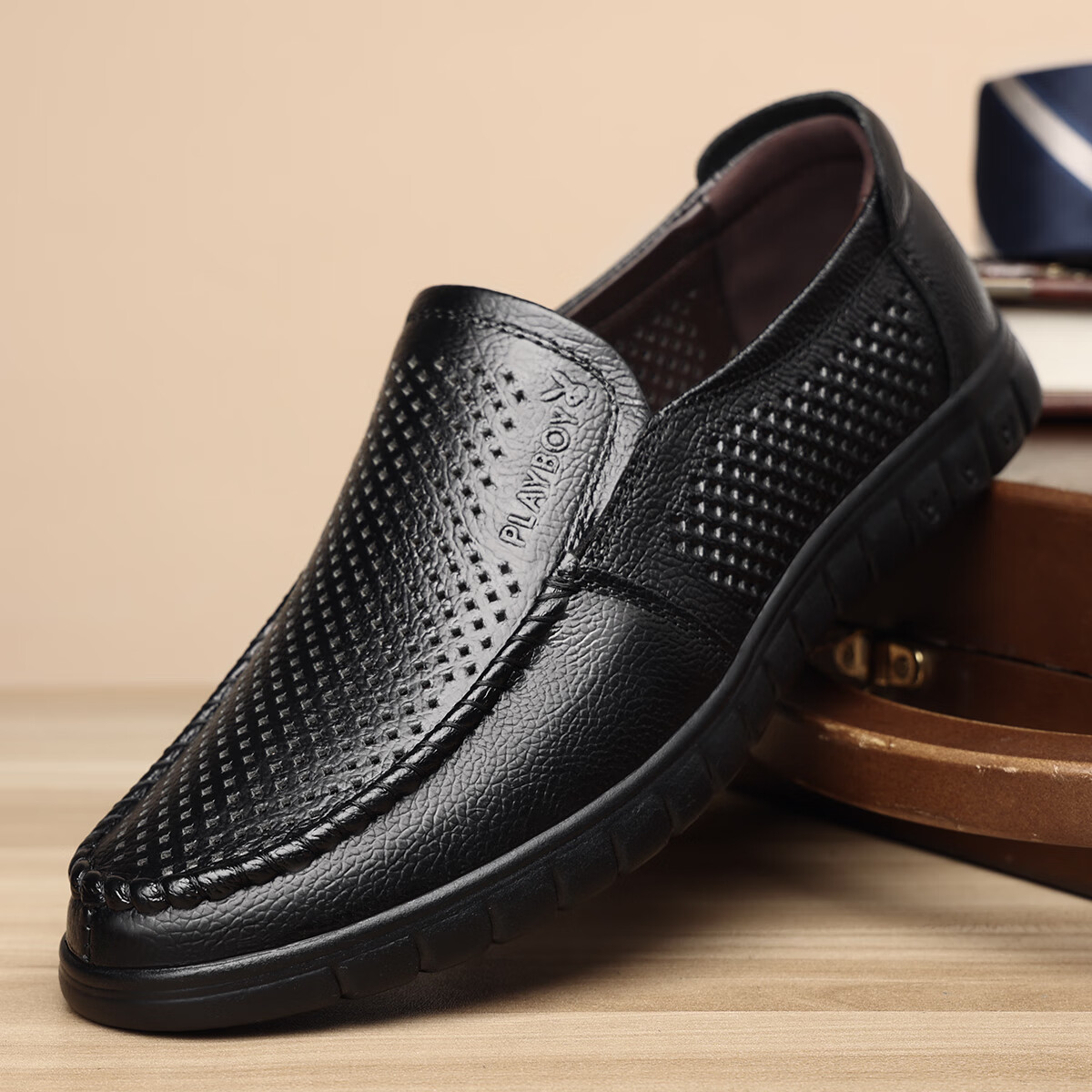 PLAYBOY Men's Shoes, Summer Hollow Breathable Soft Leather Middle-Aged And Elderly Dad Shoes Slip-On Business Casual Leather Shoes, Black, Size 42