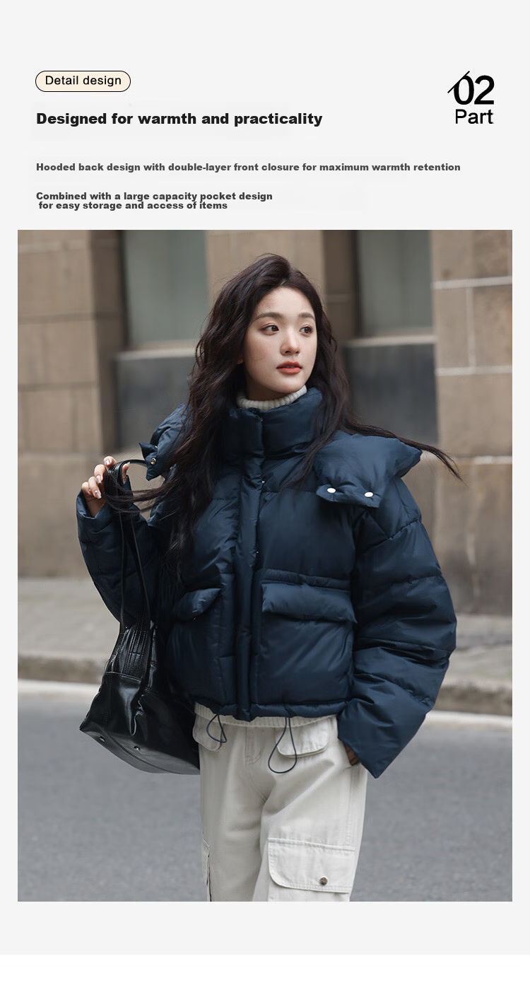 Dme [Navy Blue Short Down Jacket with Large Pockets], Winter Hooded Windproof Button Design down Coat for Wome 7
