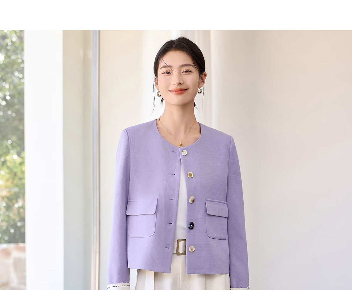 Chushen Women's Short Jacket for Spring And Autumn, Gentle Purple Elegant Chanel-Style Short H-Type Casual Coat for Petite Women S51D035 13