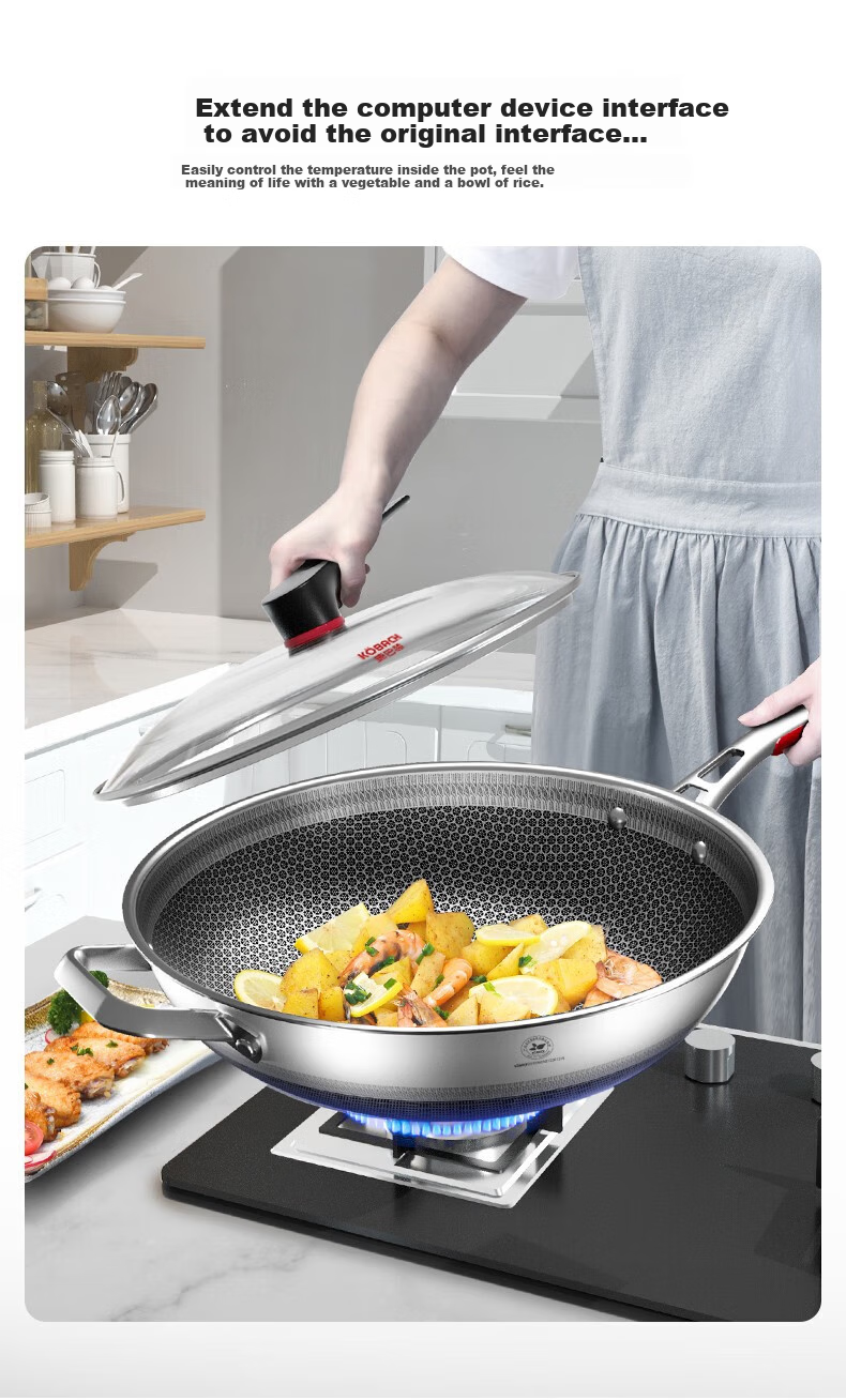 KOBACH Non-Stick Wok, 316L Stainless Steel Frying Pan, 34cm Extra Large Size, Low Smoke, Flat Bottom, Suitable for Gas And Induction Stoves 5