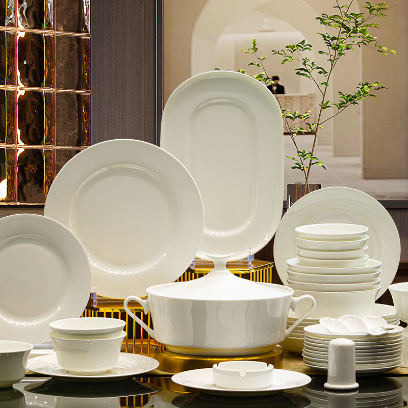 GUANPU 2025 New High-Value Jingdezhen Bone China Dinnerware Set Pure White Underglaze Color High-Temperature Ceramic Bowls and Plates