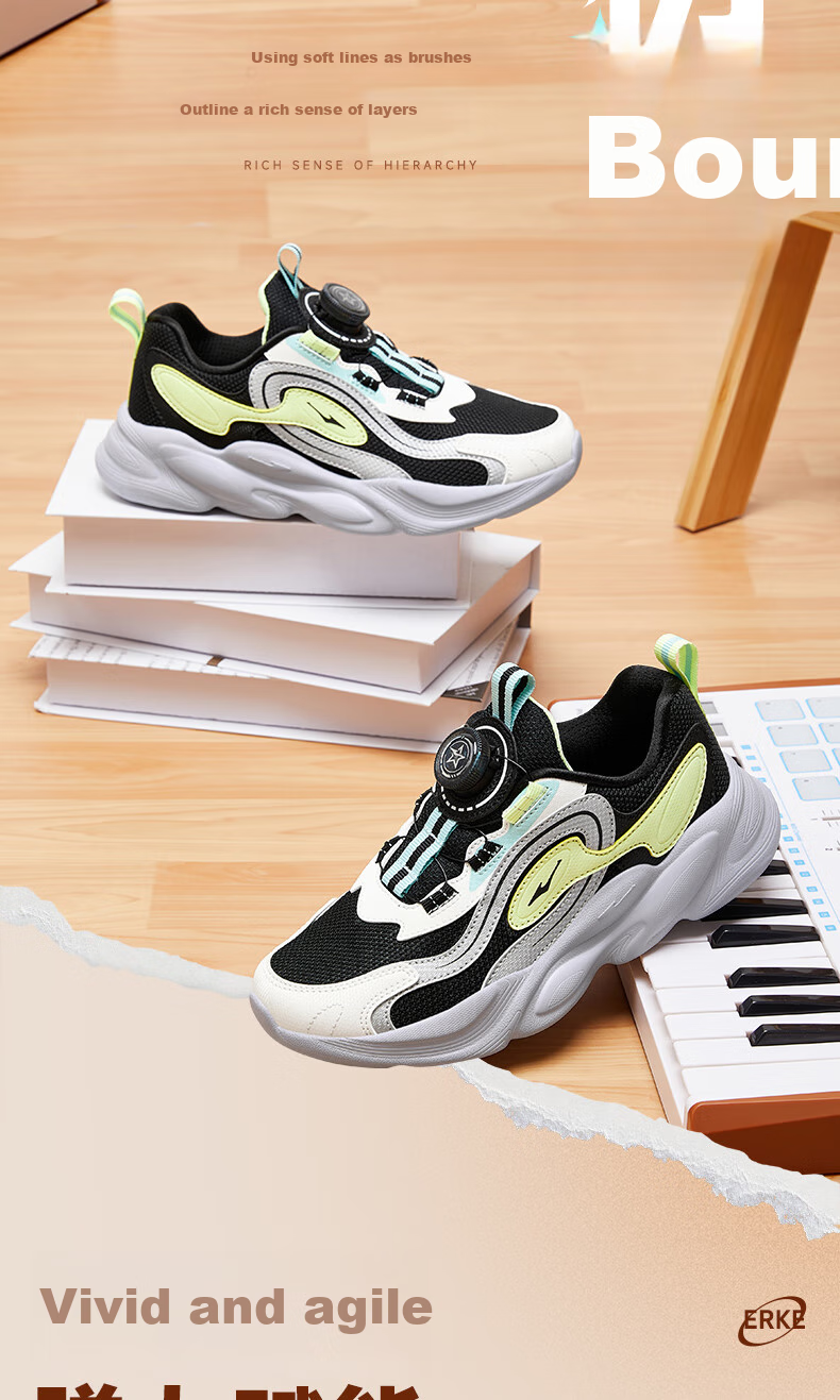 ERKE Children's Shoes, Boys And Girls Casual Shoes, Kids' Rotary Buckle Sneakers, Spring 2025 New Arrival, Black/brilliant Silver, Size 28 3