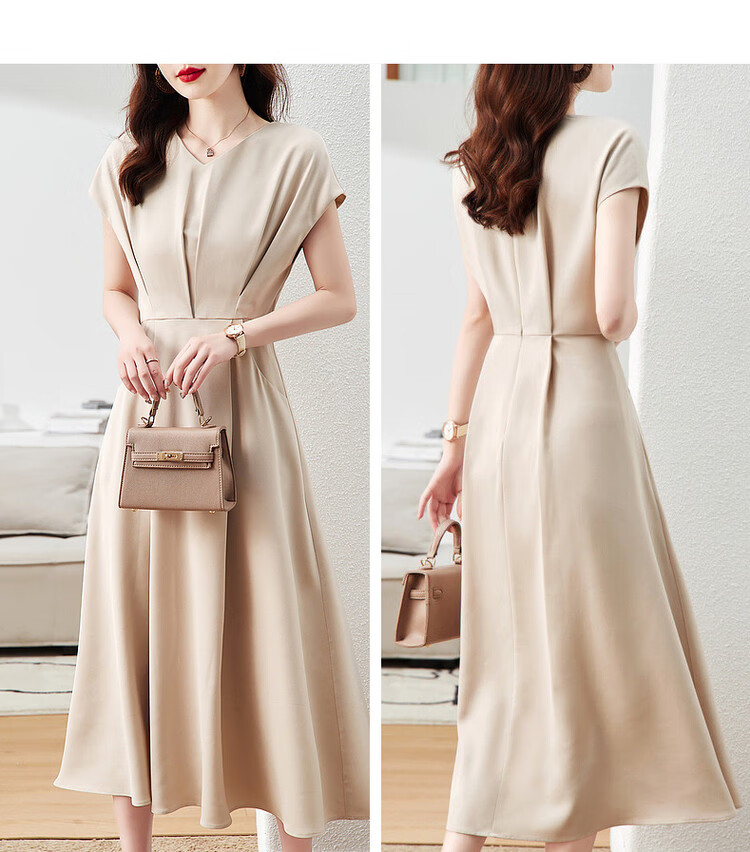 DME A-Line Skirt Summer Commuter V-Neck Short Sleeve Simple Mid-Length Dress for Women 16