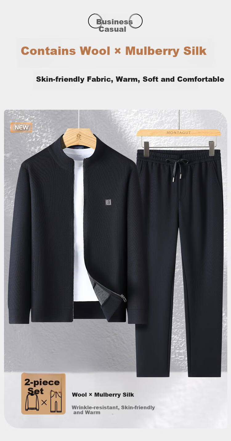 MONTAGUT Spring And Autumn Men's Stand-Collar Jacket with Mulberry Silk, Casual Sweatpants, Sporty Fashion Two-Piece Set, Black, Size 54 2