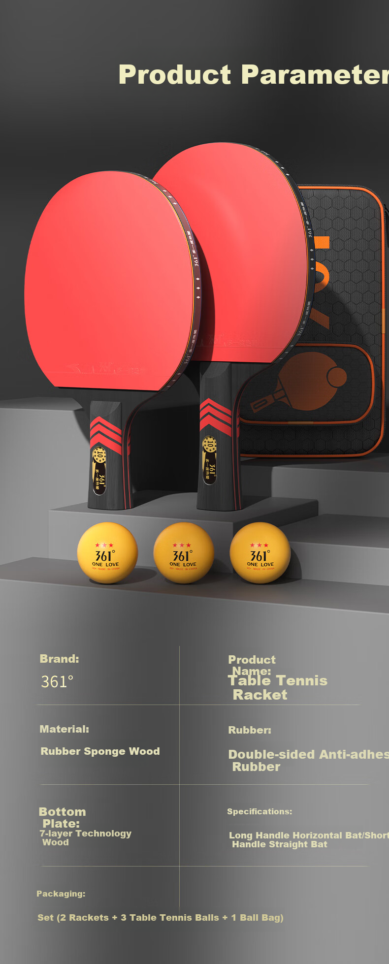 361° Table Tennis Racket, Straight Handle Or Penhold Grip, Professional Adult Competition Training, Double-Sided Reverse Rubber, Single Racket Set 13