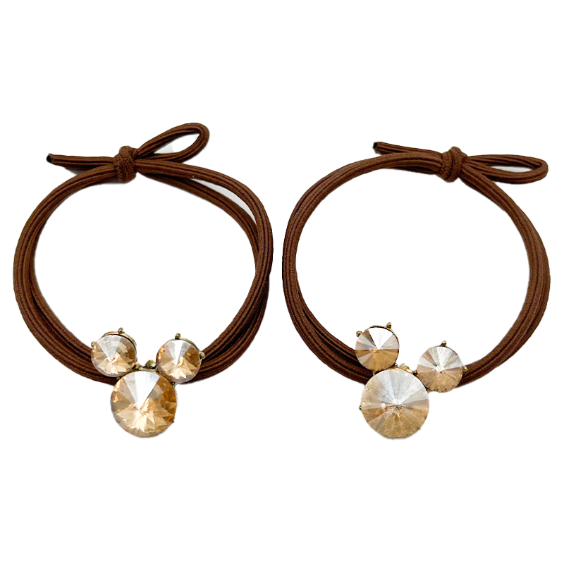 Jiaoxuefei Crystal Mickey Mouse Hair Ties, 2-Pack, Coffee Color, High-Quality Rubber Bands for Girls' Hair, Hair Accessories