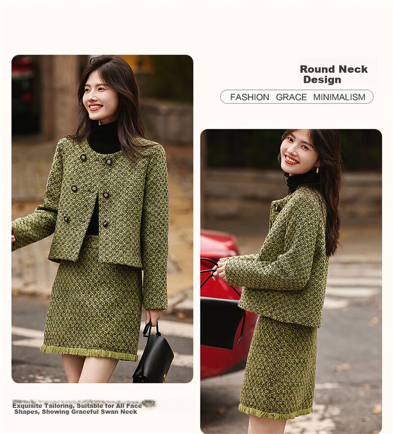 Dme [Elegant Chanel-Style] Winter New Round Neck Button-Up Long-Sleeve Top, High-Waist Skirt Set for Women, Fashionable Two-Piece Outfit 5