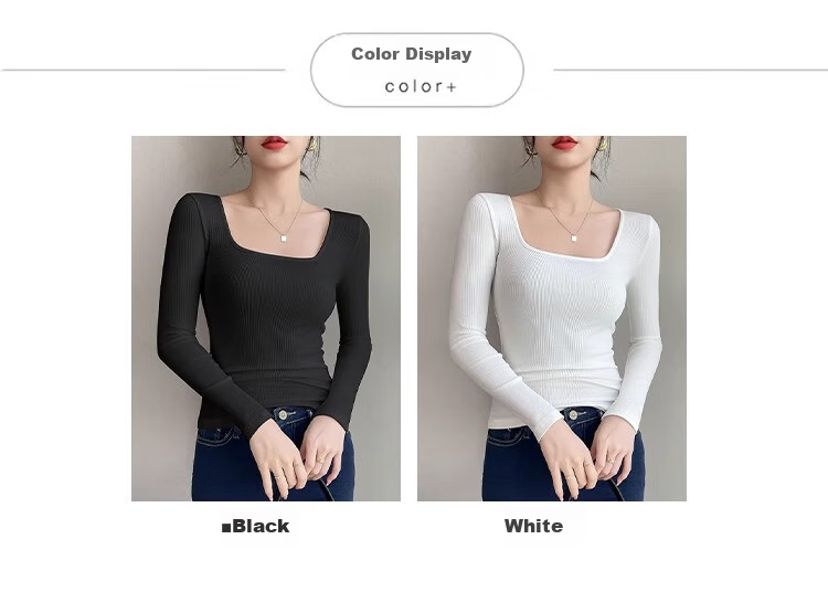 NOME Square Neck Ribbed Long Sleeve T-Shirt for Women, Autumn New Style Design Waist-Cinching Slimming Inner Layer Top, Black, M 9