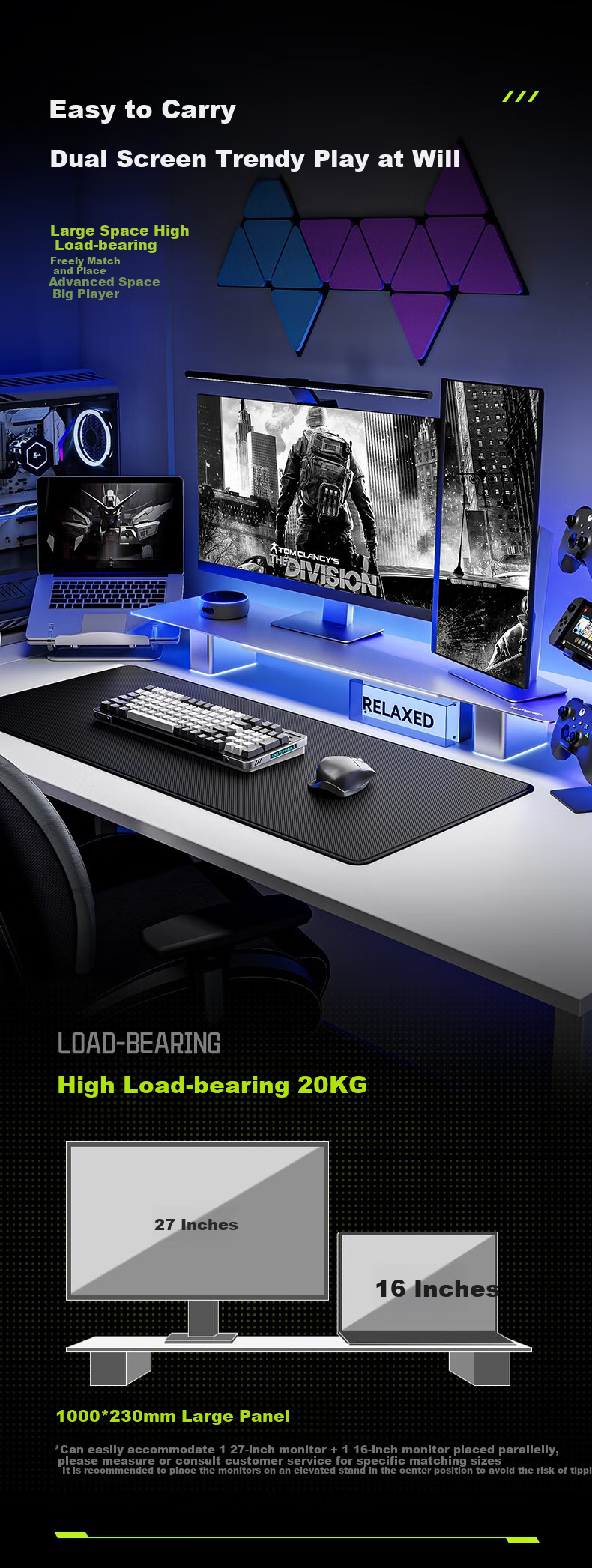 HUMANEX Monitor Riser Stand, Laptop And Desktop Computer Display Stand, Precision Aluminum Material, Dual-Screen RGB Gaming Lighting Effects, Desktop Keyboard Storage Rack, D16-UG 6