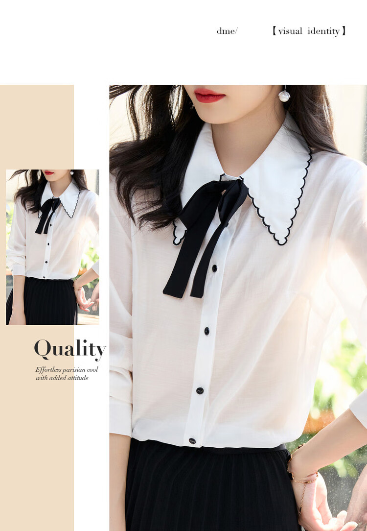 Dme [Detachable Bow Blouse] Spring And Autumn Embroidered Lapel Long-Sleeve Contrasting Color Women's Top Shirt 9