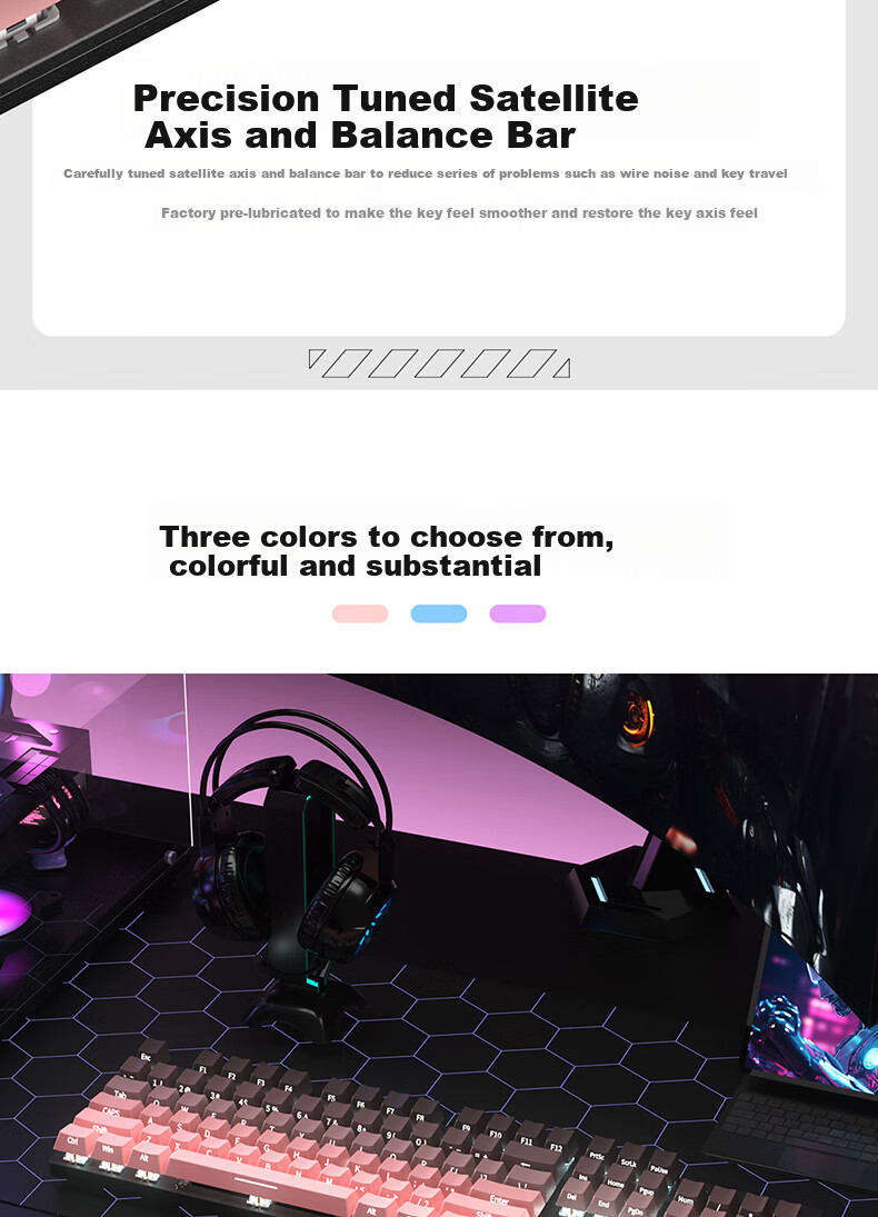 HP Mechanical Keyboard, Wired for Office, E-Sports And Gaming, Compatible with Desktop And Laptop Computers, Side-Engraved Gradient Blackberry Pink White Light Blue Switches, 104 Keys 9