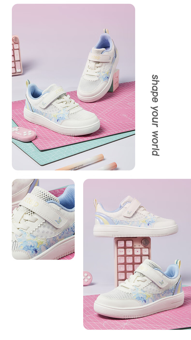 XTEP Children's Shoes, Girls' Toddler Floral Decorative Lightweight Velcro Sneakers, Sail White/snow Purple, Size 33 2