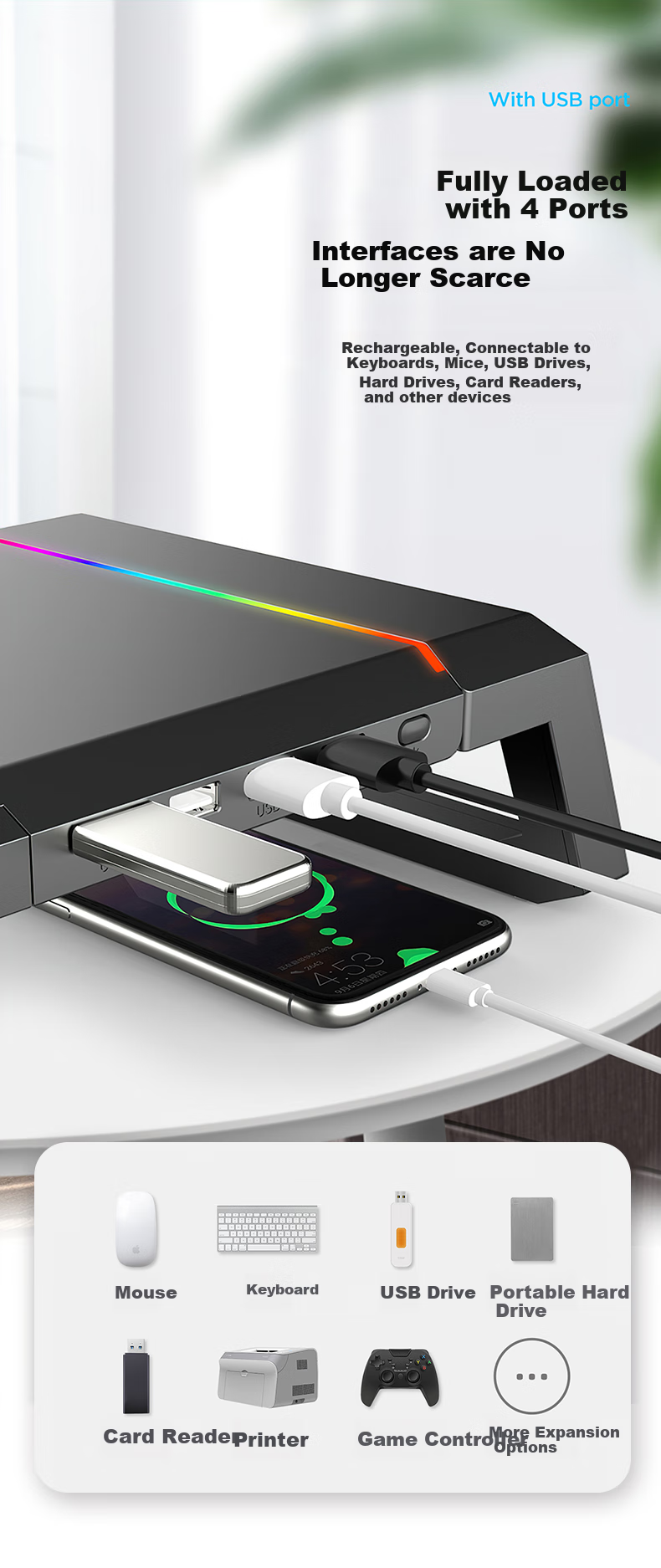 ICE COOREL Monitor Riser T1, Multifunctional Computer Stand, Monitor Screen Riser, Desktop Computer Desk Support, Rechargeable Foldable Storage Rack, USB 3.0 Expansio 1