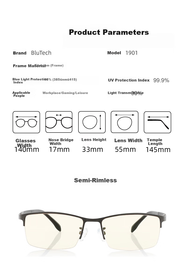 Blutech Professional Anti-Blue Light Radiation Glasses for Phone And Computer Use, Non-Prescription Eye Protection [Pure Titanium Semi-Rimless] 14