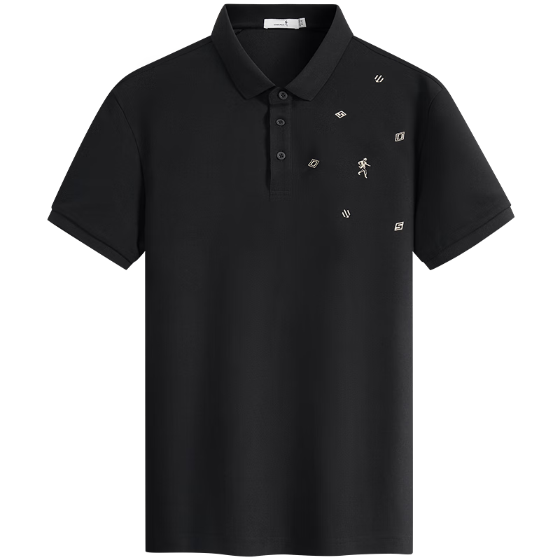 DANCING WOLVES [Ice Oxygen Bar & 7A Grade Antibacterial] Summer Dotted Embroidery Men's Short-Sleeve POLO, 001 Black, L(175)