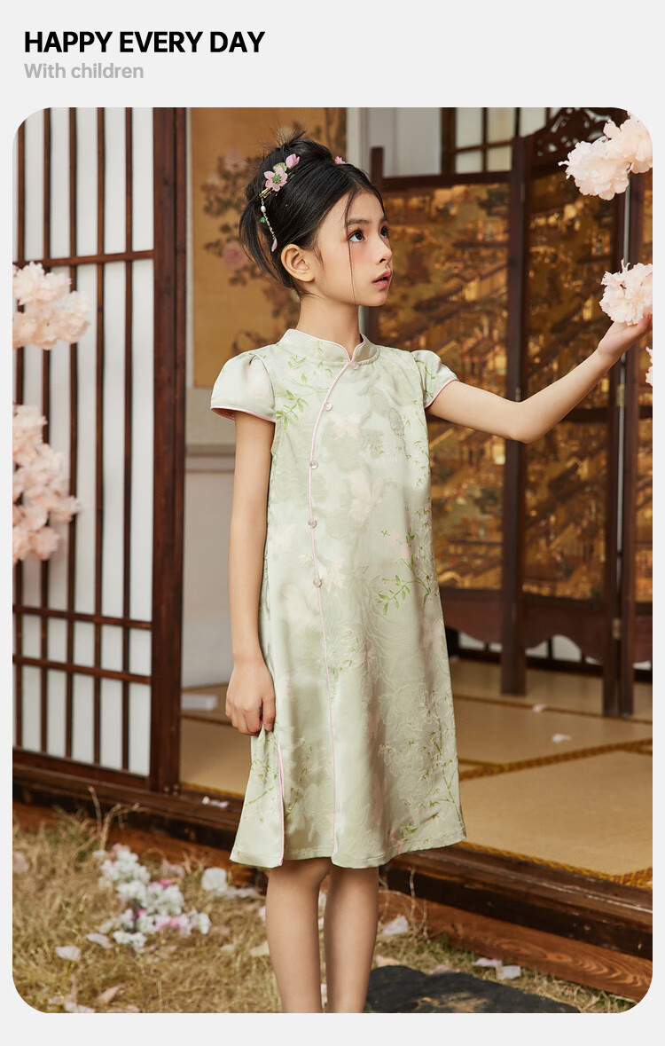 ASK JUNIOR Chinese Style New Mid-Autumn Girls Dress 2025 Summer Qipao Jacquard Princess Dress for Kids Bean Green 110 6