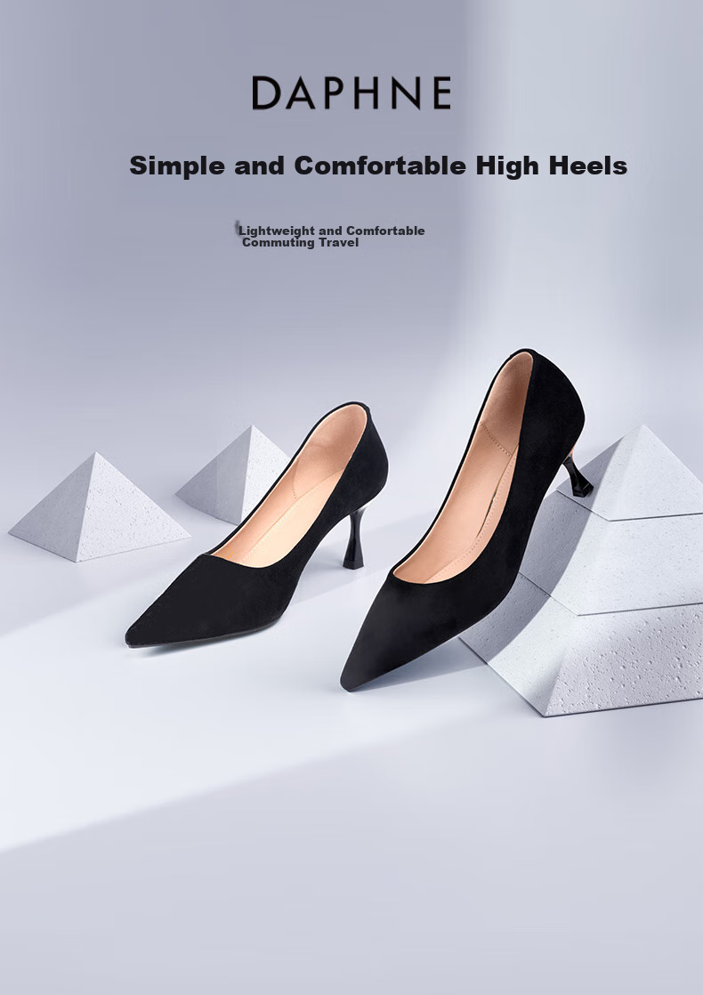 DAPHNE Qixi High Heels, Women's Suede Thin Heel Slip-On, Professional Elegant Pointed Toe Shoes, Velvet Black (7cm Heel Height), Size 34 1