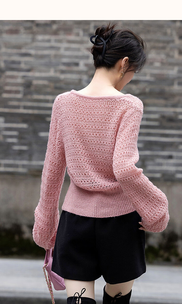 Dme [Containing Wool] Spring And Autumn Gentle V-Neck Hollow-Out Sweater, Body-Hugging, Girly Short Knit Top for Wome 14