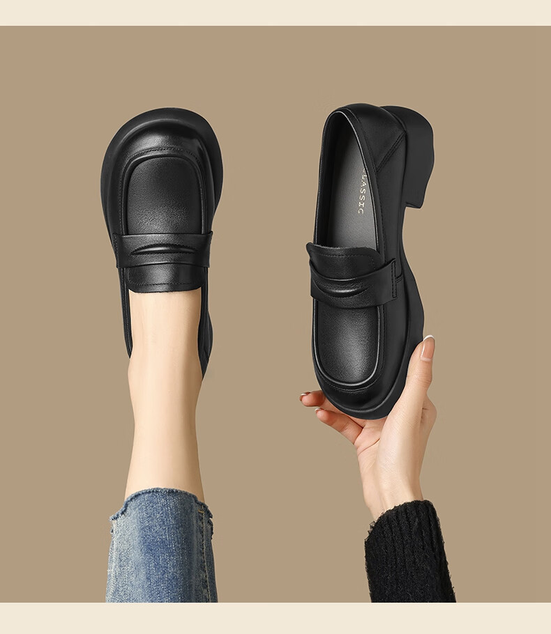 ZHR Top-Grain Leather Loafers for Women, Academic Style Chunky Heel Pumps, Comfortable Versatile Thick-Soled Leather Shoes KL01 Black Size 35 10