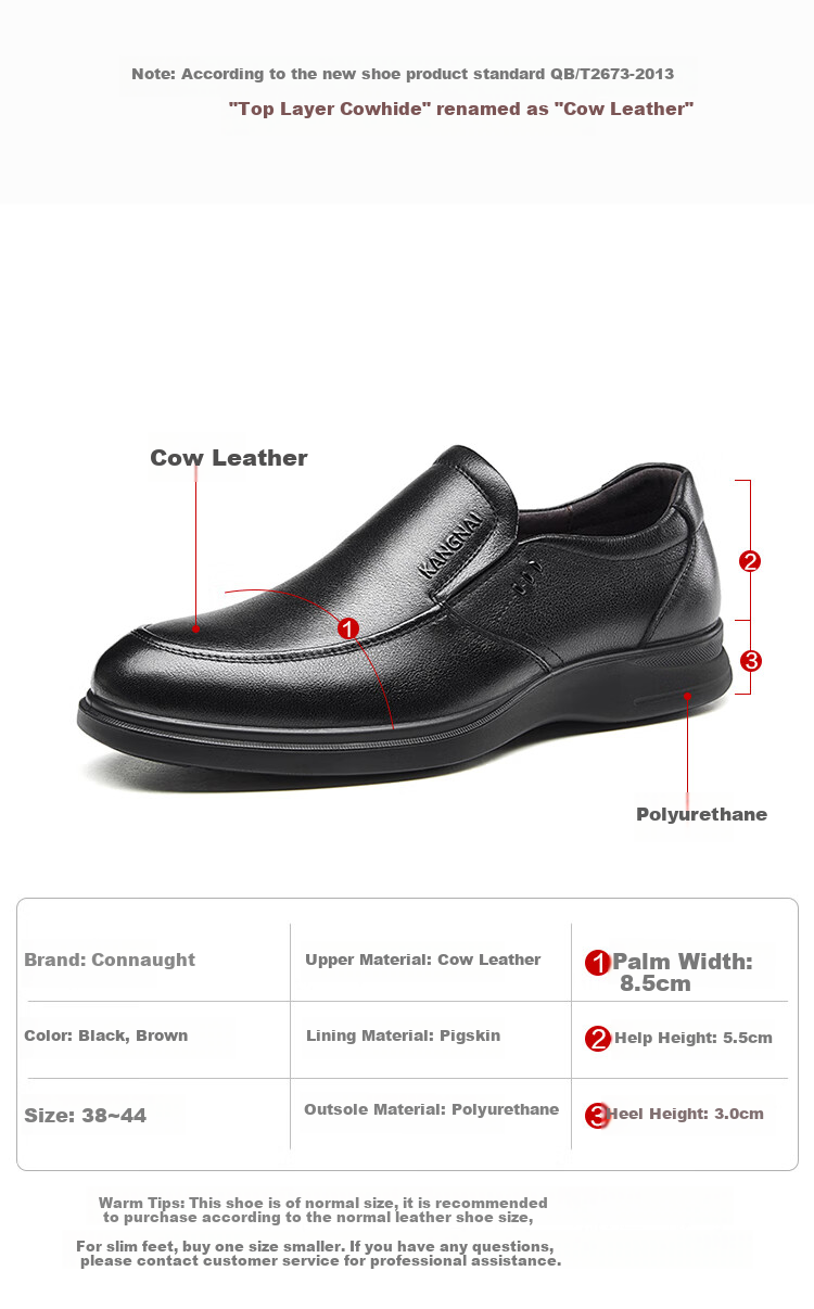 Kangnai Men's Shoes, Spring And Autumn Slip-On Round Toe Business Casual Leather Shoes, Commuter Simple Cowhide Shoes, Black, Size 38 9