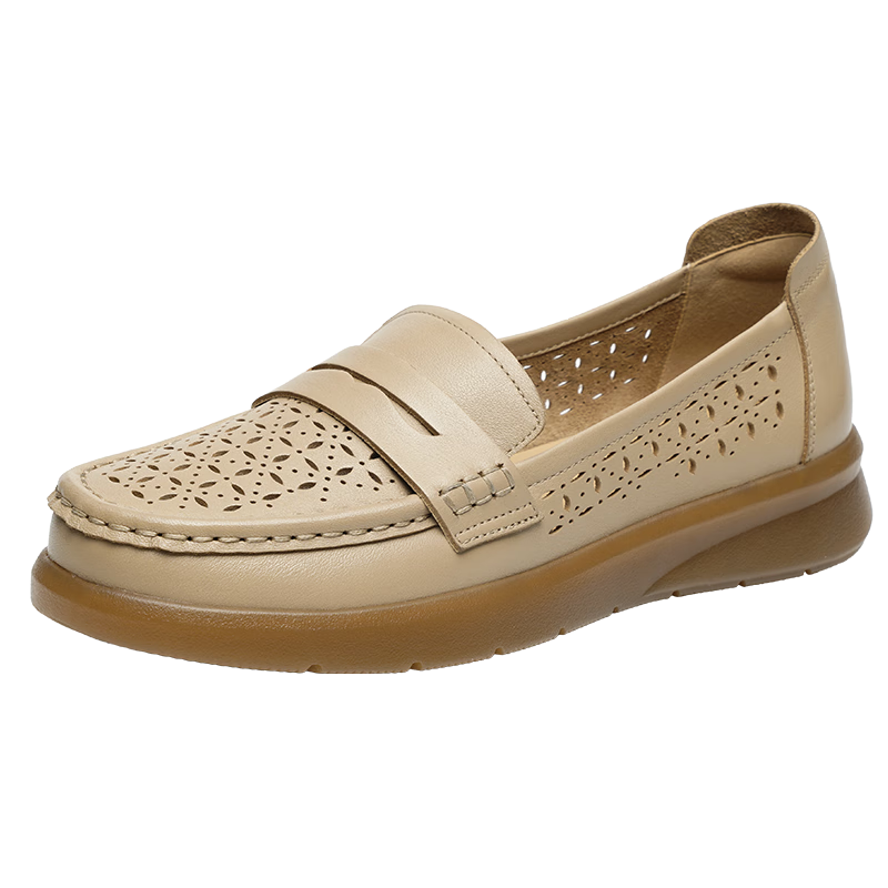 RED DRAGONFLY Women's Flats for Spring And Summer, Hollow-Out Shallow Mouth Flats, Soft-Soled Genuine Leather Shoes for Middle-Aged And Elderly Women WTB15149 Apricot Color Size 37