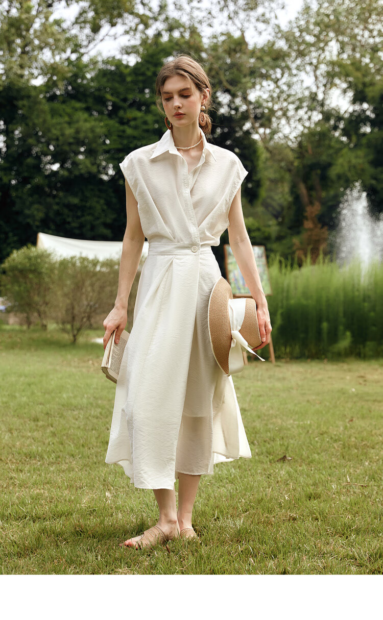 Olrain Eurielle Vintage Shirt-Style Raglan Sleeve Waist-Cinched Dress with Flared Skirt Women Beige L 13