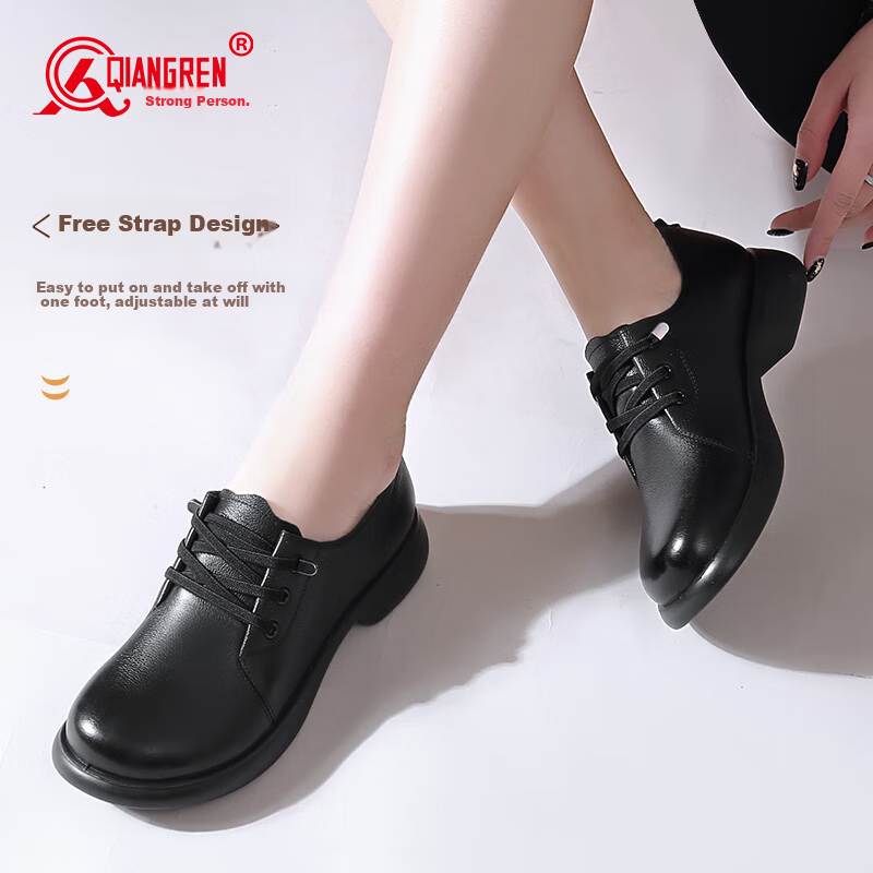 Qiangren Comfortable Soft Casual Women's Shoes, Top-Grain Leather Women's Flats, Wide Fit, Not Easy to Squeeze Feet, JDA73271, Black, Size 35