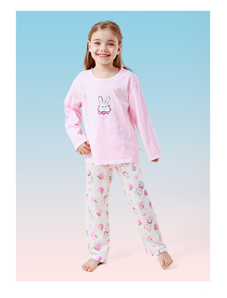 DEESHA [100% Cotton] Children's Pajamas, Girls' Spring And Summer Thin Long-Sleeve Home Wear Set, Girls' Round Neck Air Conditioning Clothes 5