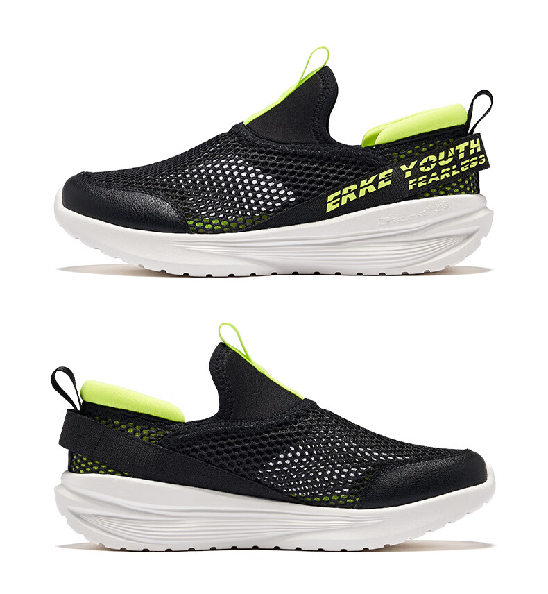 ERKE Children's Shoes, Boys And Girls Casual Sneakers for Kids, Slip-On Breathable Sports Shoes, Black/fluorescent Glossy Green, Size 36 39
