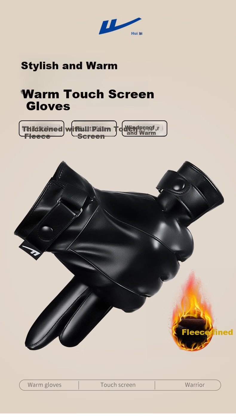 Huili Leather Gloves for Men, Winter Cycling Thickened Fleece Warm Touchscreen Windproof Outdoor Motorcycle Food Delivery Skiing Cotton Women's Gloves 1