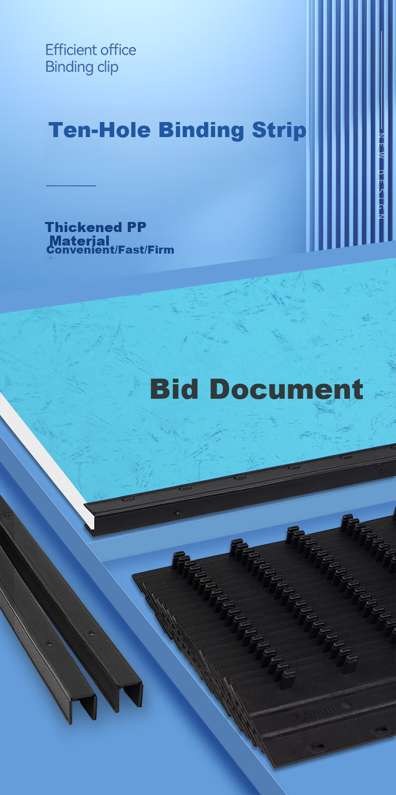 HOOYE 10-Hole Binding Strips A4 Document Bid Puncher Loose-Leaf Plastic Binding Strips, Black, 5mm, 100 Pieces, 3705 1