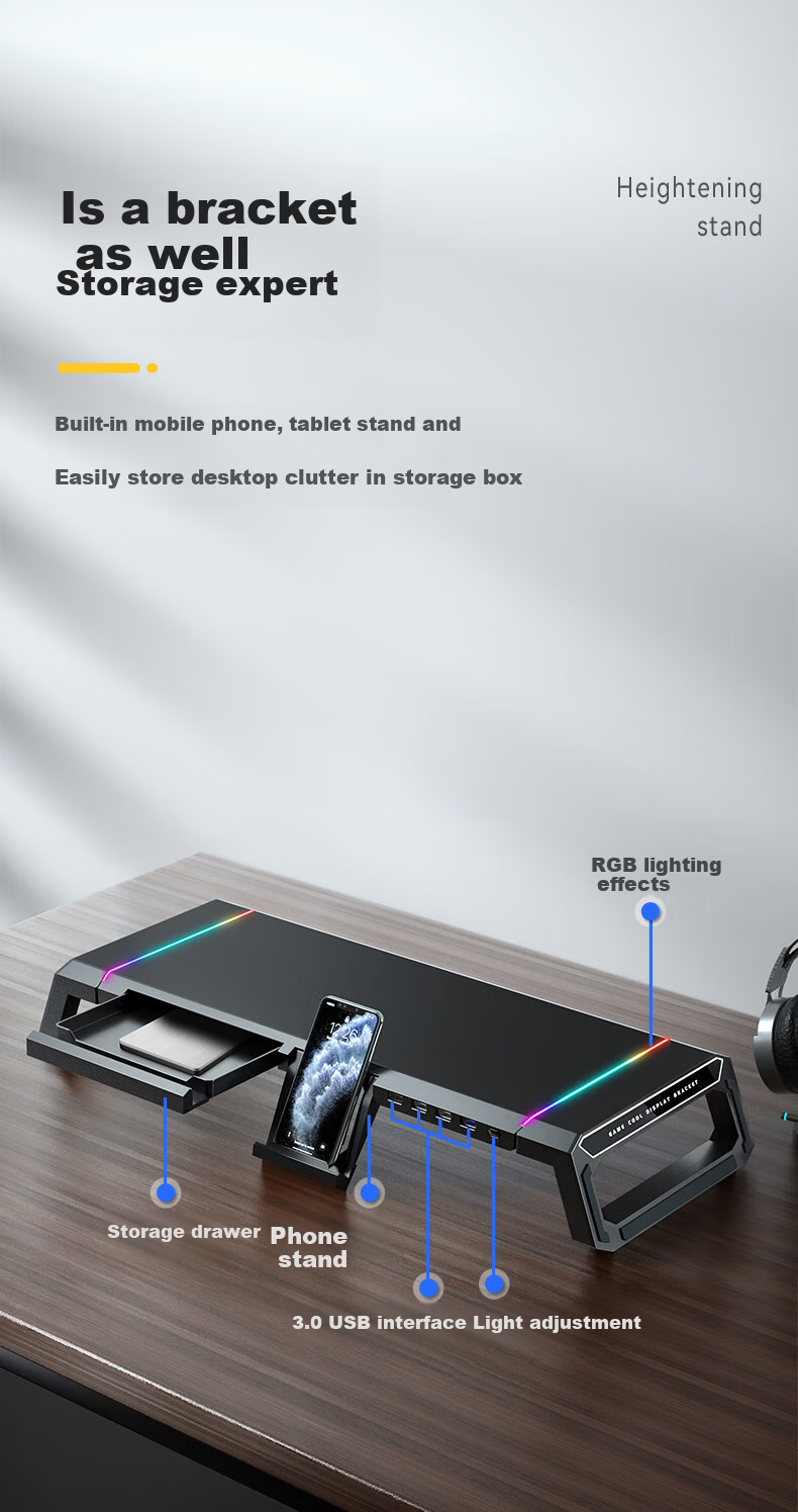 ICE COOREL Monitor Riser T1, Multifunctional Computer Stand, Monitor Screen Riser, Desktop Computer Desk Support, Rechargeable Foldable Storage Rack, USB 3.0 Expansio 3