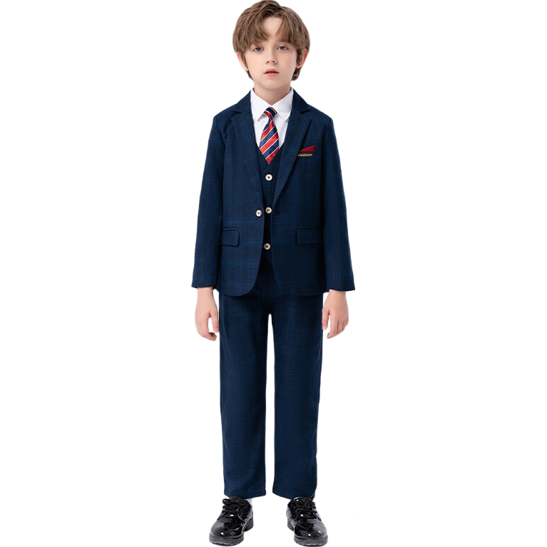 LUOBOBEIBEI Boys' Suit Spring Formal Wear Set, Children's Stylish Small Suit, Piano New Year Outfit, Blue Plaid Five-Piece Set, Size 130