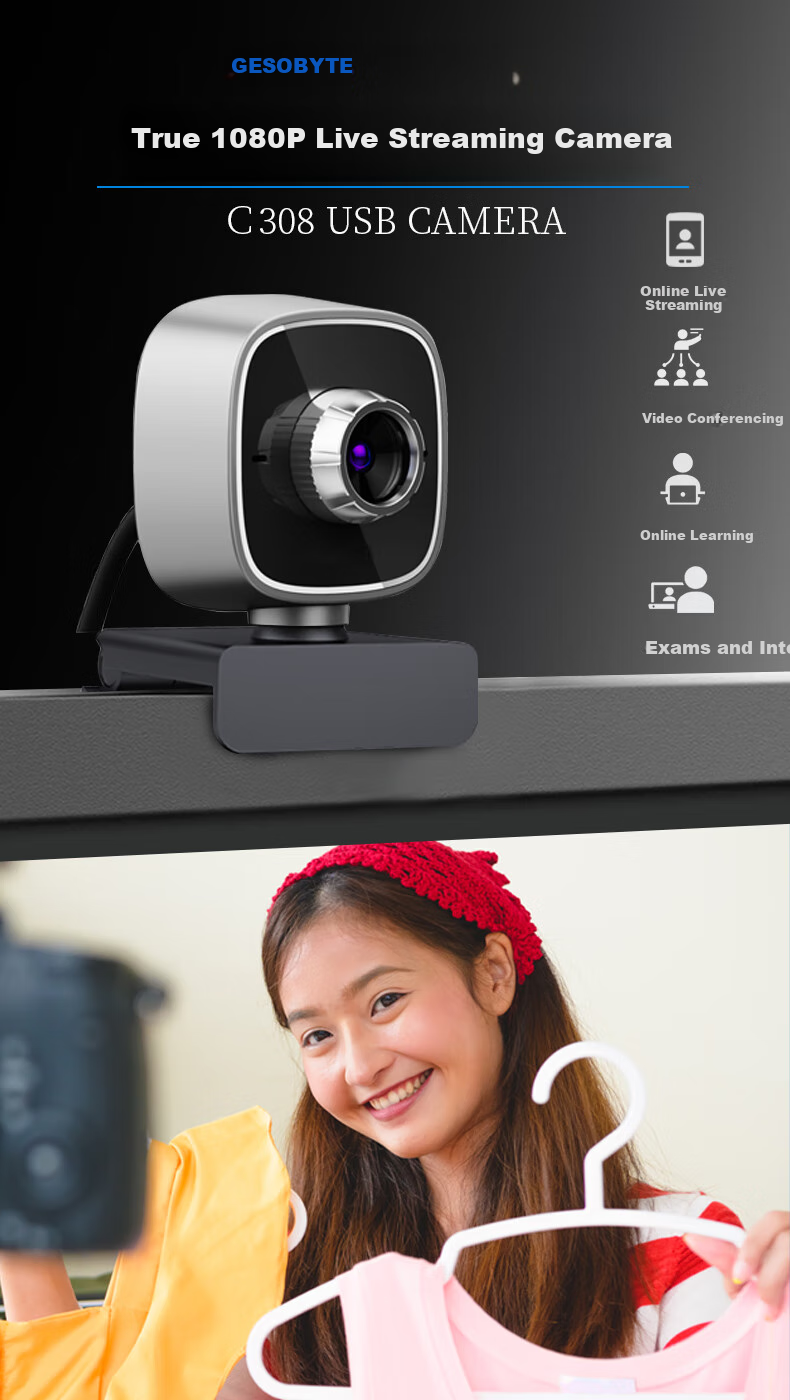 GESOBYTE C308 1080P HD Live Streaming Camera with Facial Recognition, Real-Name Verification for Hotels And Driving Schools, Video Calls, Conferences, Online Classes, Home Computer Laptop Desktop Plug-And Microphone 1