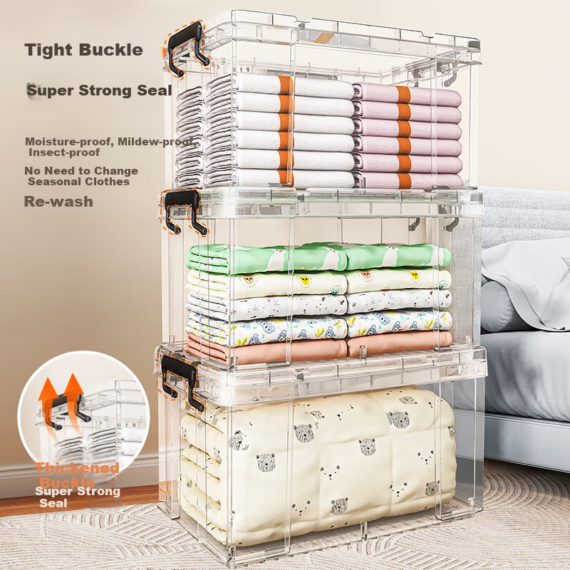 Xitianlong Right-Angle Storage Box Thickened Heavy-Duty Plastic Clothes and Toys Moving Organizer Box No Wheels 30L Transparent 3-Pack