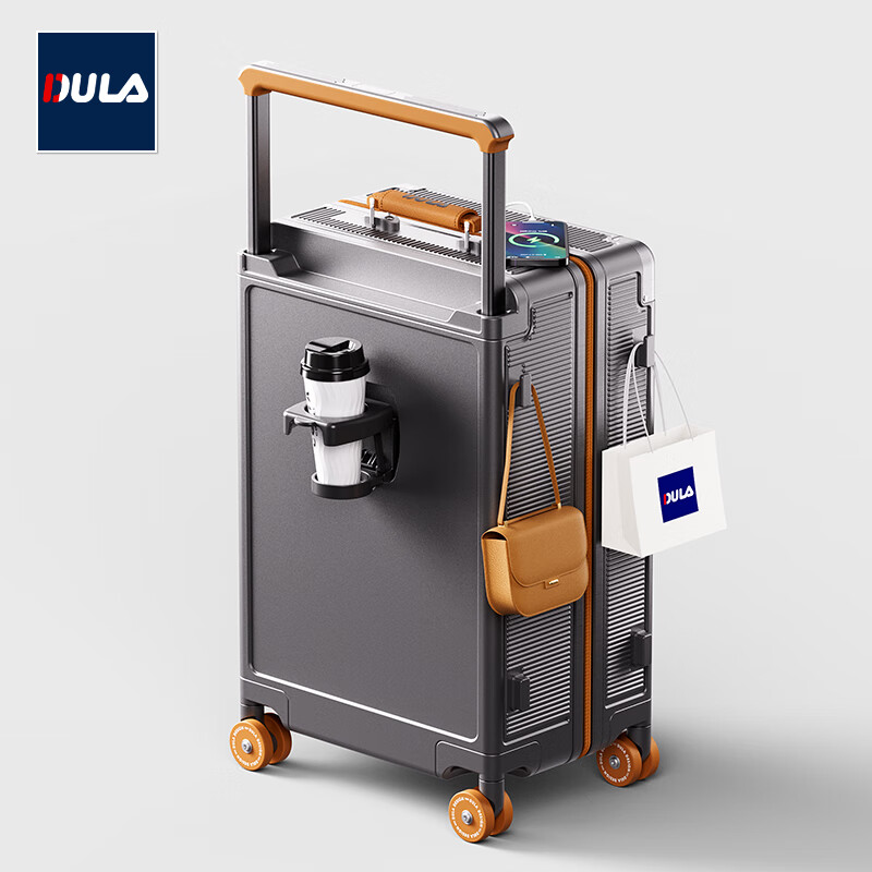 DULA Luggage Wide Handle Suitcase Multifunctional Large Capacity Travel Password Lock Suitcase Leather Case, Ash Gray Brown, 24 Inches
