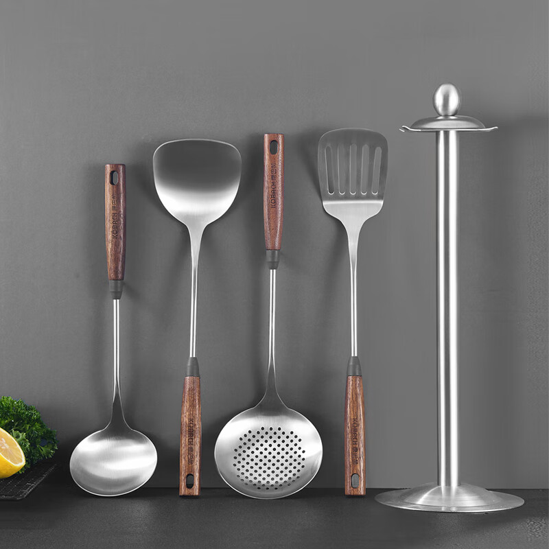 Kangbahe 304 Stainless Steel Kitchen Utensil Set with Soup Ladle, Strainer, Spatula, And Griddle, Walnut Handle, Heat-Resistant And Anti-Scalding
