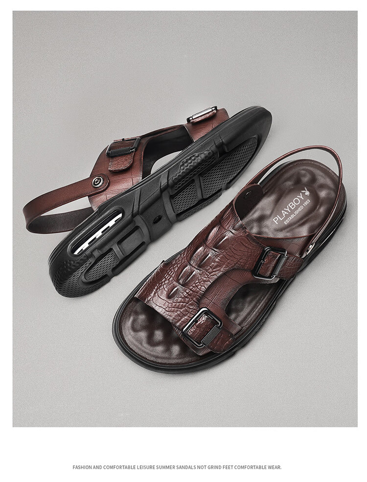 PLAYBOY Leather Sandals for Men, Summer Casual Beach Shoes, Breathable Slippers for Outdoor Wear, Dark Brown, Size 43 3