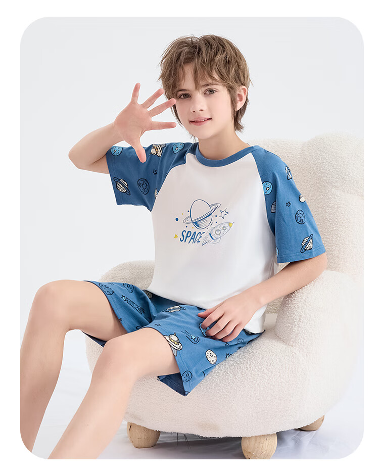 LangSha Children's Pajamas for Boys, Summer Thin Cotton Shorts And Short-Sleeve Sleepwear, Youth Student Home Wear Set for Older Childre 3