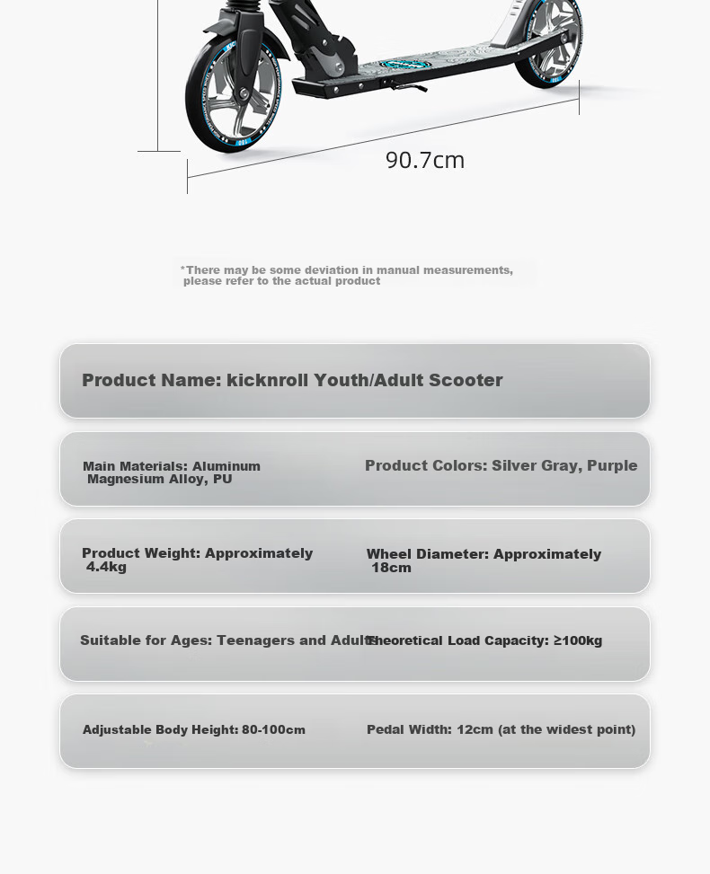 Kick'n'Roll Children's Scooter for Ages 6-8 Teenagers And Adults, Aluminum Alloy Foldable Two-Wheel Commuter Kickboard, Moonlight Silver 14