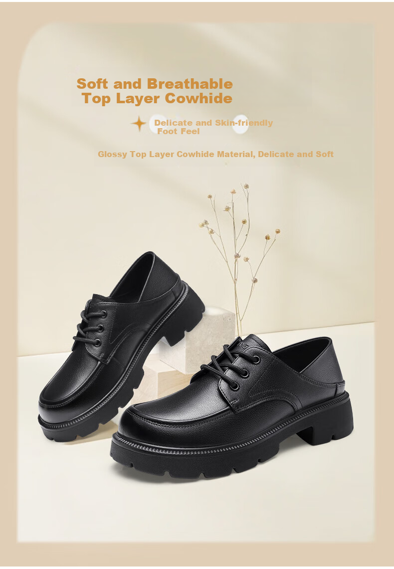 Qiangren Women's Shoes, Top-Grain Leather, Breathable Thick-Soled Flats, Comfortable Wide-Fit Leather Shoes, Loafers, JDA73272, Black, Size 37 3