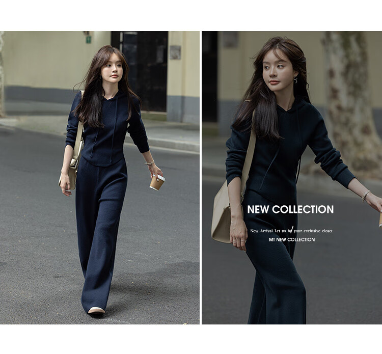 MT [Tranquil Charming Dark Navy] Winter Simple Knit Sweater with Elastic Waist Wide-Leg Pants Set 5
