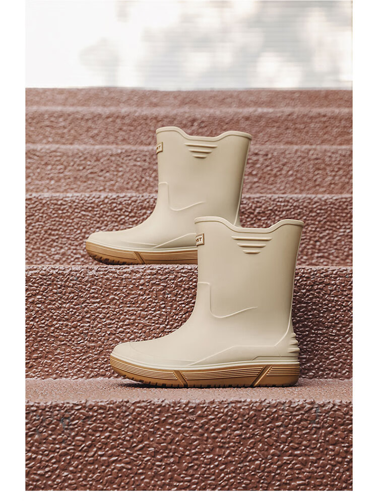 GUOLUOFEI Stylish Mid-Calf Rain Boots for Men, Thickened Sole Waterproof Non-Slip Fishing And Food Delivery Rubber Shoes, Rice Dumpling Color, Size 39 10