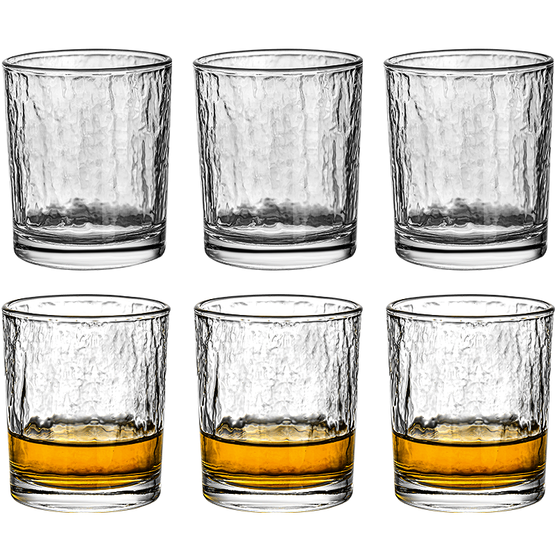 QINGPINGGUO Hammered Glass Whiskey Tumblers 220ml Set of 6 - Spirits and Beverage Glasses